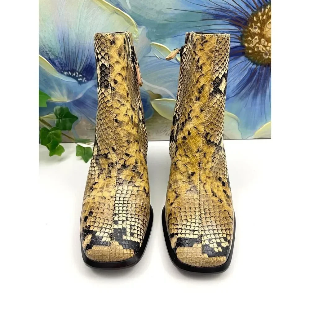 New Tory Burch Snakeskin Embossed Leather Square Toe Ankle Boots 9.5 Yellow